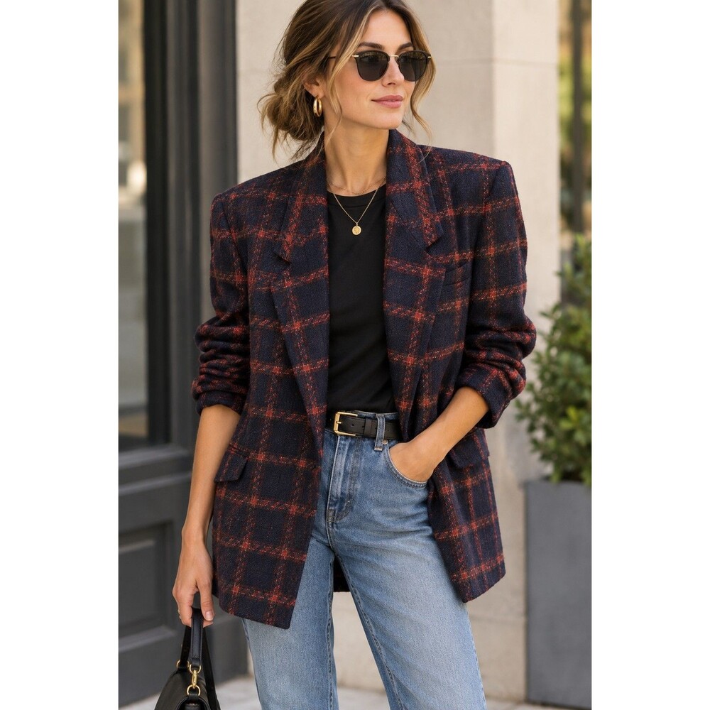 Vtg Anne Klein II Wool Blazer Women's 16 Preppy Old Money Navy Red Plaid Jacket